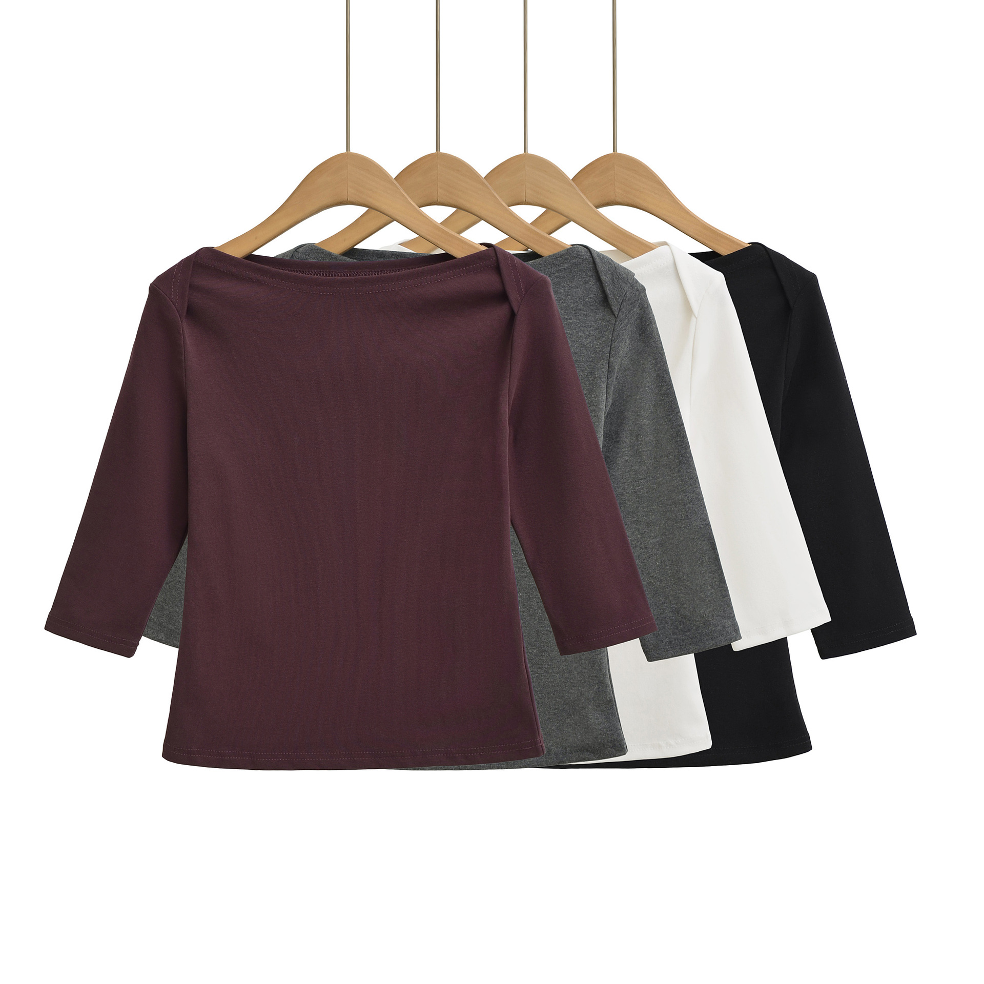 CL25122-25秋款复古船领七分袖T恤短款打底上一字领修身中袖T恤女