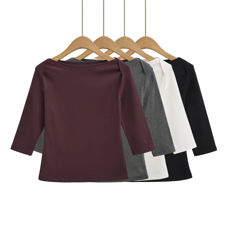 Cl25122-25 Autumn Retro Boat Neck Three-Quarter Sleeve T-Shirt Short Bottoming One-Line Collar Slim Mid-Sleeve T-Shirt for Women Cl25122-25 Autumn Retro Boat Neck Three-Quarter Sleeve T-Shirt Short Bottoming One-Line Collar Slim Mid-Sleeve T-Shirt for Women