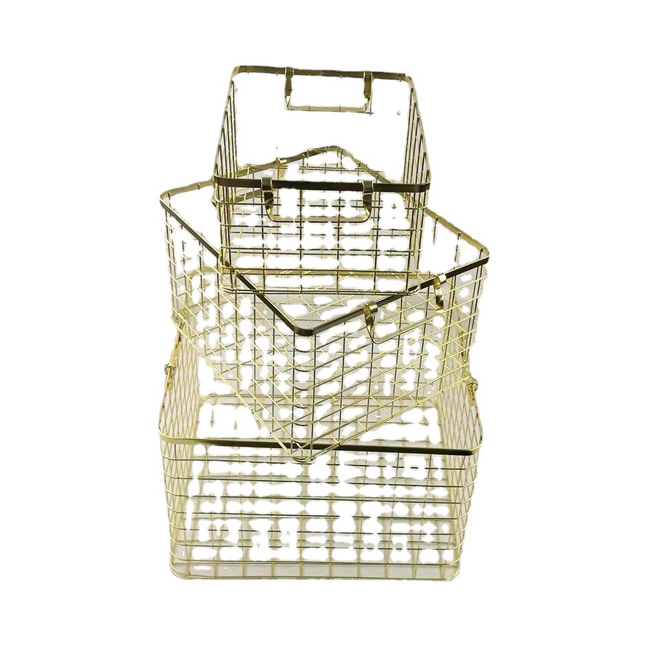 Cesta de almacenamiento de estilo nórdico con manijas Cesta de almacenamiento de hierro dorado Cesta de almacenamiento de marco de almacenamiento de gran capacidad de oro rosa