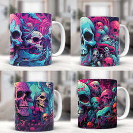 七月外贸新品 万圣节主题陶瓷马克杯  骷髅头彩绘图片创意马克杯