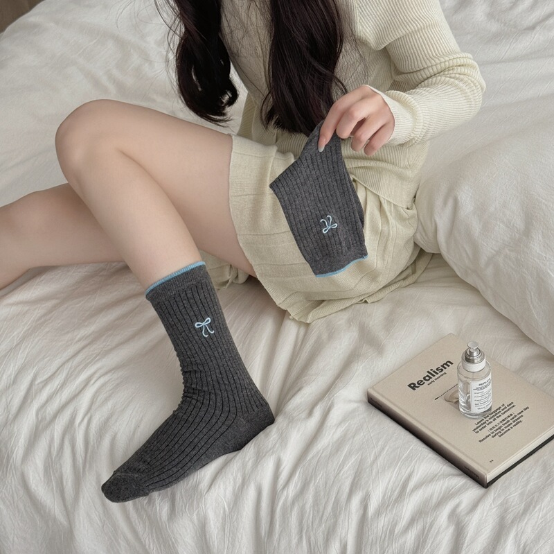 Korean Socks Korean Ins Outfit Blogger Color Matching Embroidered Bow Pile Socks Women's Zhuji Socks