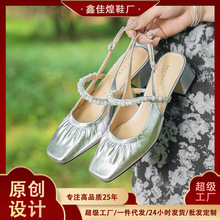 333-23 珍珠水钻凉鞋女外穿一字带粗跟方头羊皮中跟后绊带玛丽珍