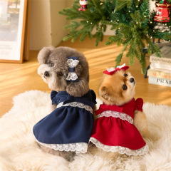 圣诞新年中小型犬小狗猫咪双面妮子蝴蝶结连衣裙宠物服饰+头饰