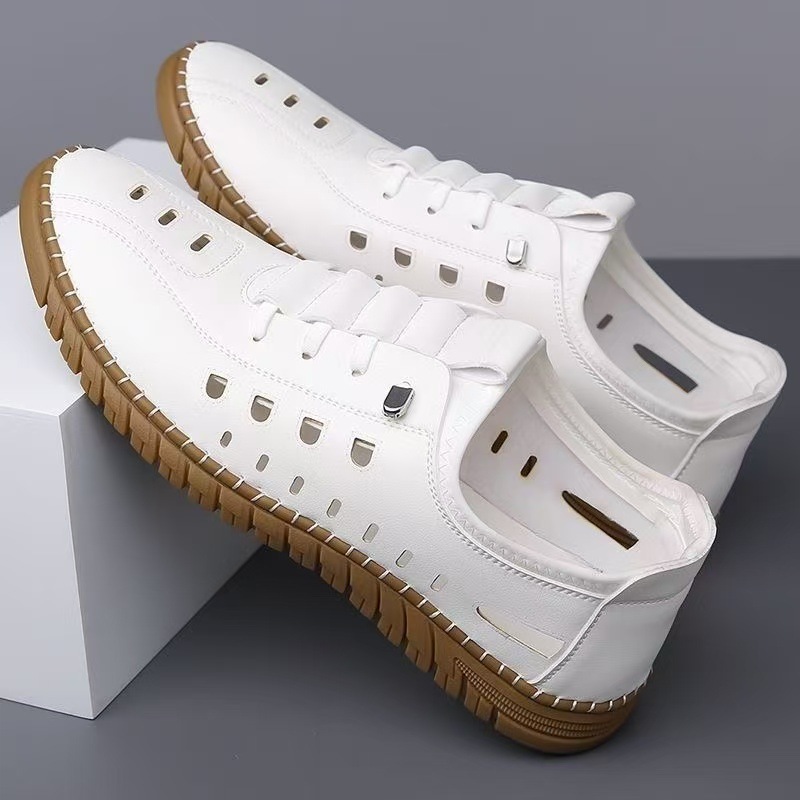 男鞋2025新款夏天皮鞋透气防臭休闲鞋一脚蹬镂空防滑耐磨开车鞋男