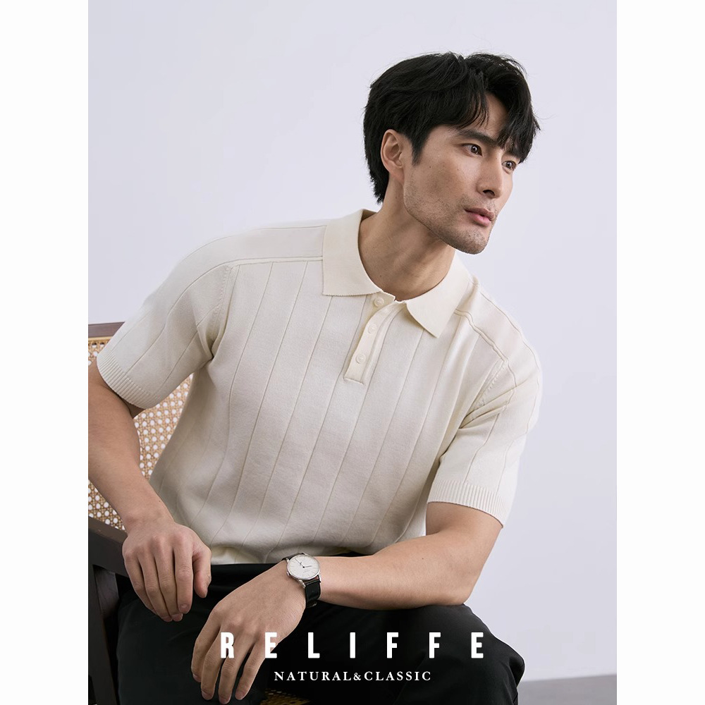 Verano nuevo suéter de punto de seda de hielo de manga corta camisa POLO para hombre camiseta de negocios delgada a rayas comercio exterior al por mayor transfronterizo