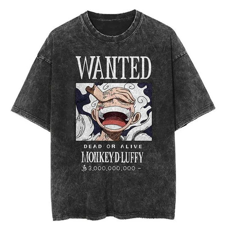 Men's Casual Oversized Washed Harajuku T-Shirt Washed Japanese Anime One Piece Graphic Loose Streetwear Black