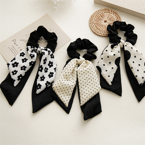 New black dotted double layer ponytail streamer large intestine hair tie female bow hair tie ins style headwear
