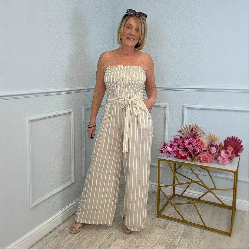 2025 Европейский и американский экспорт Amazon независимая станция женская повседневная мода полосатый комбинезон на шнуровке