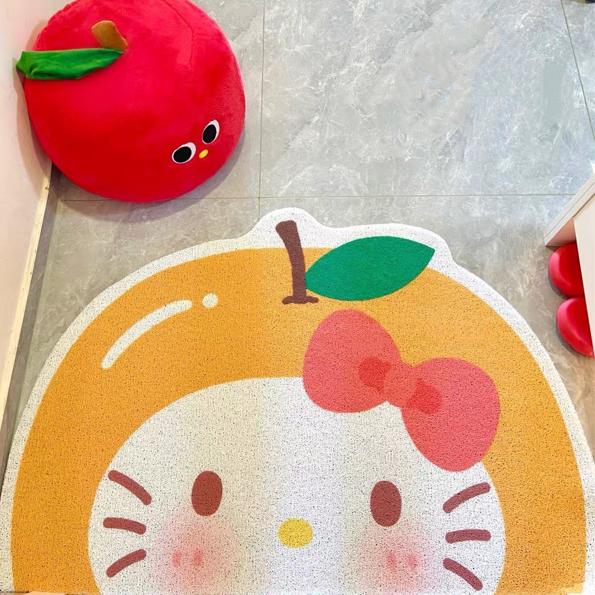 Q版ハローキティの玄関用除塵シルクサークルドアマット、家庭用玄関エリアフロアマット、カートゥーンカーペットとしても使用可能、カット可能、滑り止め付き。