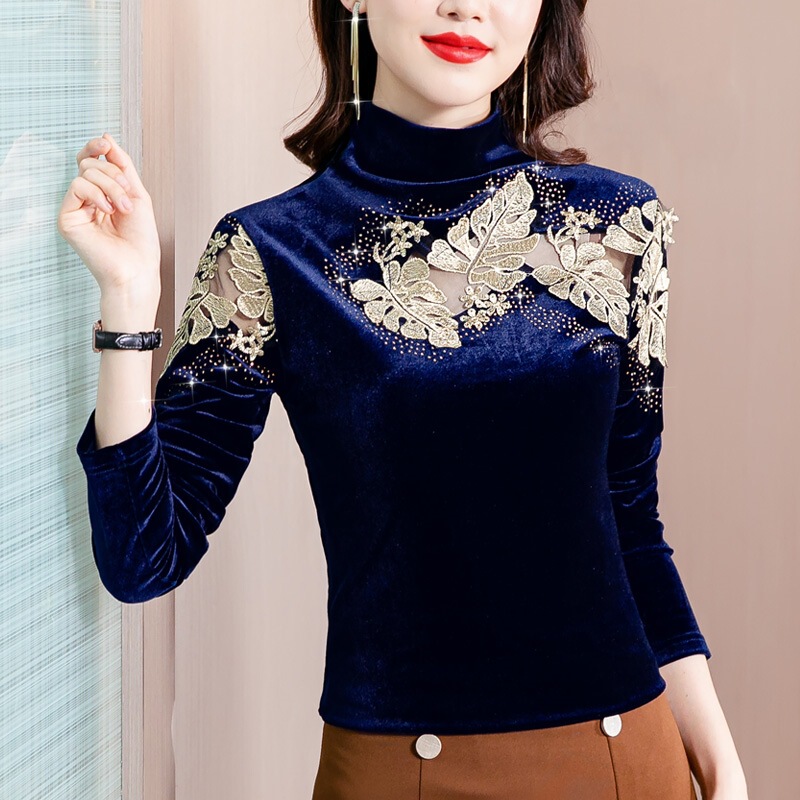 Real Shot of New Velvet Lace Splicing Hot Diamond High Collar Slim Fit Versatile Long-Sleeved Bottoming Shirt for Women Black Blue Real Shot of New Velvet Lace Splicing Hot Diamond High Collar Slim Fit Versatile Long-Sleeved Bottoming Shirt for Women Black Blue