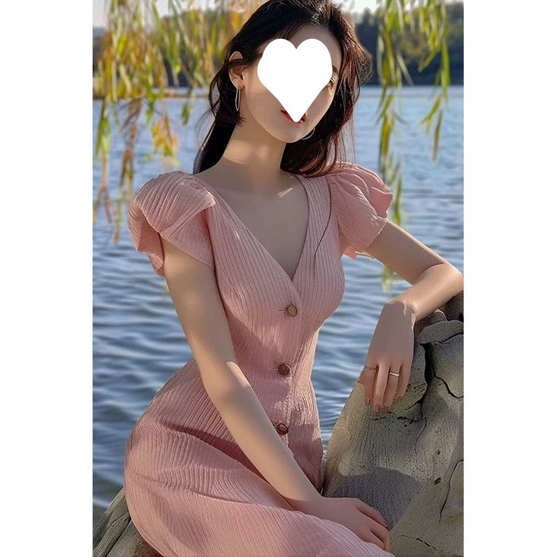 2025 новое летнее розовое платье с V-образным вырезом, дизайнерское платье для перерыва на чай, французское сладкое элегантное изысканное платье для женщин