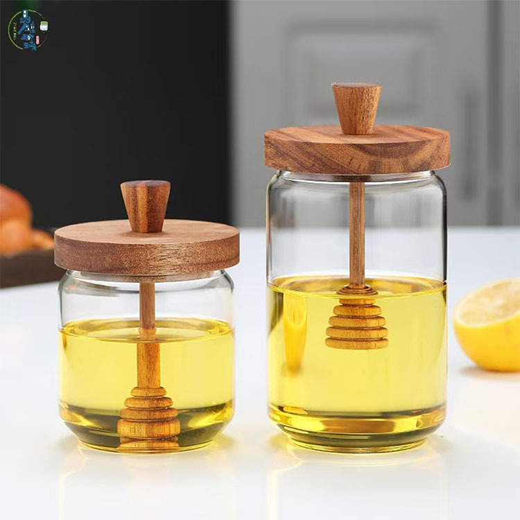 Tanque de almacenamiento de madera de acacia, tanque de miel, barra de mezcla transparente con tapa de borosilicato, tanque de vidrio sellado de almacenamiento de cocina