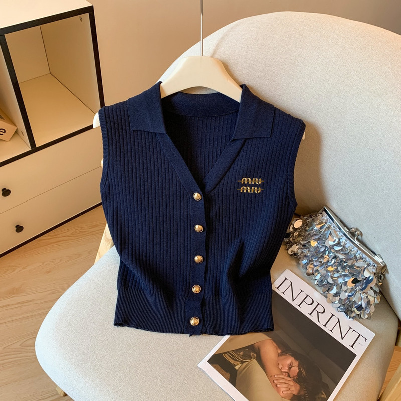 Light Luxury High-End Style Chanel-Inspired Sleeveless Vest 2026 Summer New Embroidered Turn-Down Collar Versatile Knit Top with Embroidery