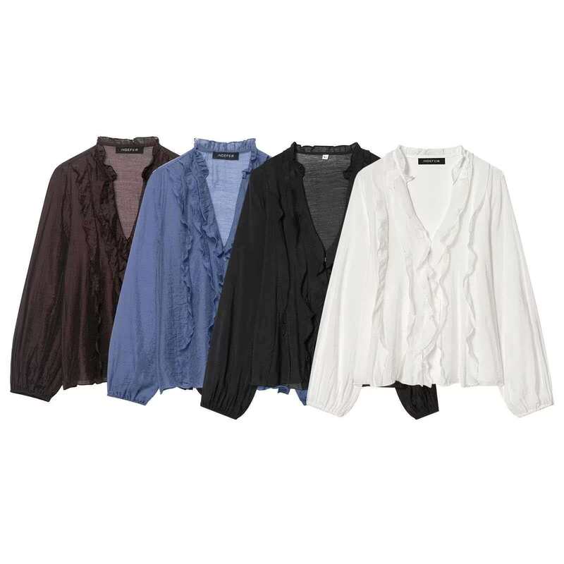 Popular Wholesale Items on Aliexpress: Versatile European and American Style Women's Clothing, Cross-Border Decorative Layered Shirts in Blue and Dark Brown Popular Wholesale Items on Aliexpress: Versatile European and American Style Women's Clothing, Cross-Border Decorative Layered Shirts in Blue and Dark Brown