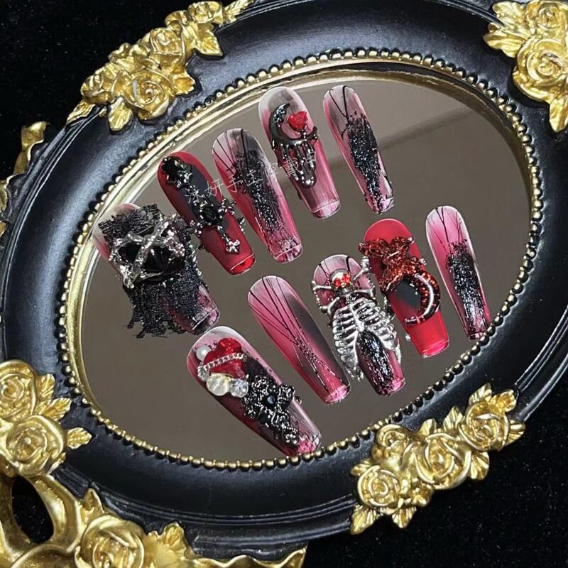 Mu Yan Handmade Manicure, Real Shot of Weird Aesthetics, Dark Style, Red and Black Smudged Skeleton Manicure, Sexy Stylish Wearable Nails