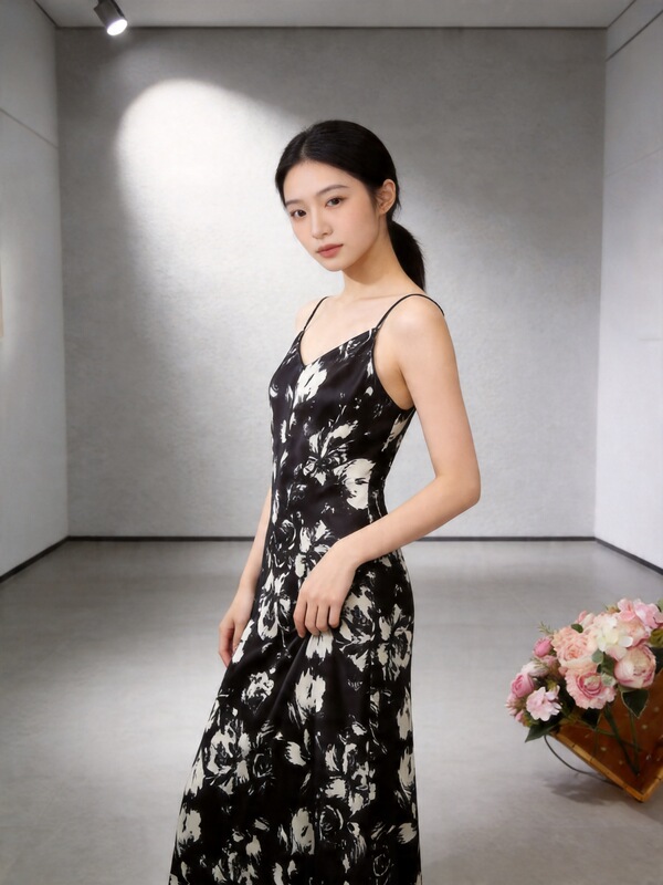 French-Style High-End Satin Printed V-Neck Drapey Slip Dress for Women, 2025 Spring/Summer New Versatile Tank Dress