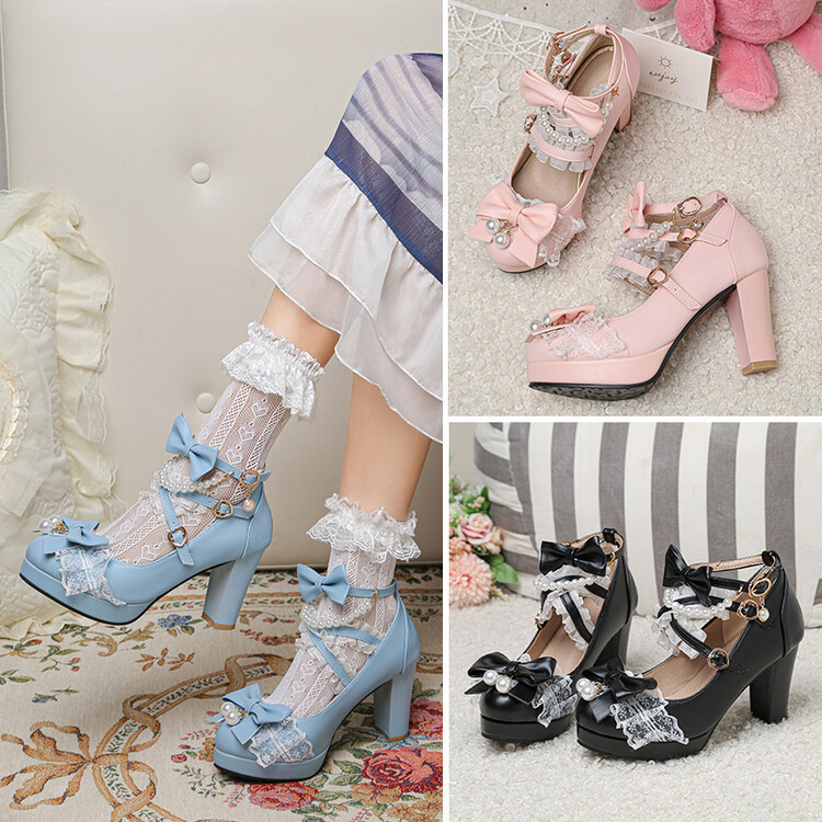 Foreign Trade Lolita Jk Uniform Shoes Super High Heels Pearl Bow Round Toe Women's Shoes Sweet Student Party Women's Shoes Foreign Trade Lolita Jk Uniform Shoes Super High Heels Pearl Bow Round Toe Women's Shoes Sweet Student Party Women's Shoes