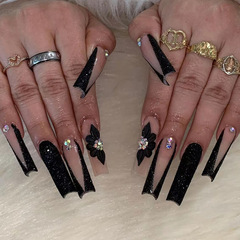 Black long ballet stylish nail art with dazzling flowers and bright diamonds, fashionable nail stickers for trendy girls