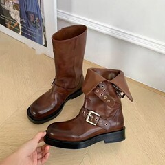 牛皮版~复古水系显瘦搭扣短靴女增高厚底2025新款瘦瘦靴中筒靴子