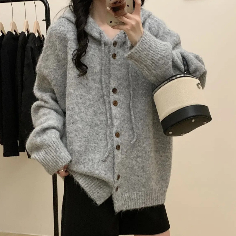 连帽毛衣开衫女秋冬加厚韩系穿搭宽松慵懒风针织衫外套软糯上衣潮|undefined