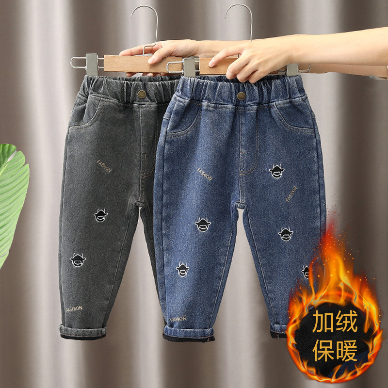 Pantalones vaqueros para niños forrados de lana otoño e invierno cálido bebé ropa de invierno para niños estilo occidental estilo coreano pantalones de terciopelo de una sola pieza de invierno para niños