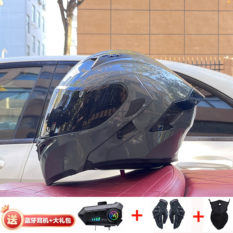 Casco de exposición Orz para hombres y mujeres invierno Doble espejo coche eléctrico semi-Casco completo cola de color coche deportivo ranura Bluetooth cuatro estaciones casco