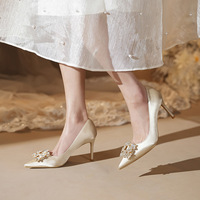 Champagne French satin wedding shoes with thin heels, pointed toes, shallow mouth, rhinestone square buckle high heels, bridal bridesmaid shoes