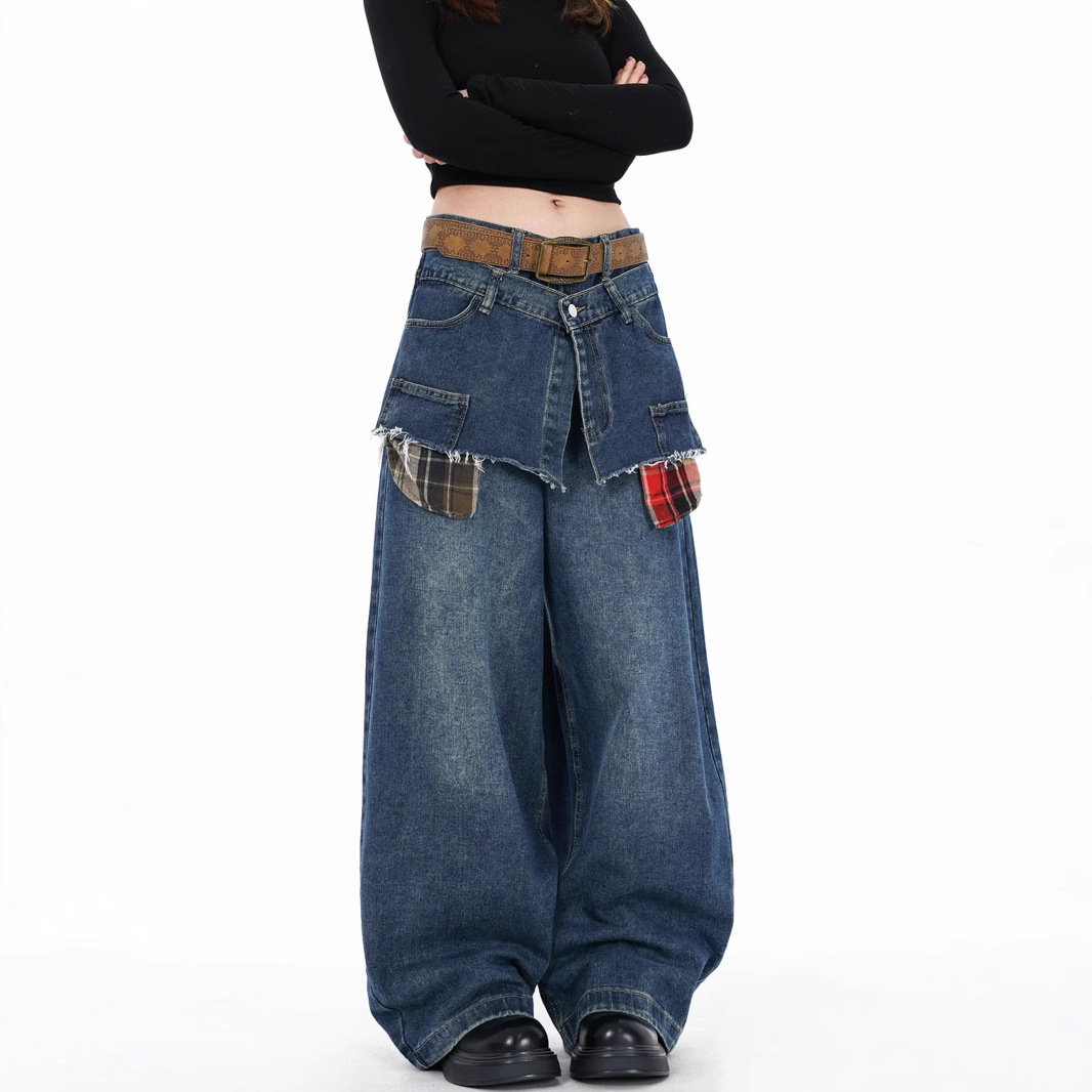 Men's Oversized Distressed Jeans High Street Style Fake Two-Pocket Design Relaxed Wide Leg Cotton Vintage Wash Unisex Streetwear_mkmklike.com
