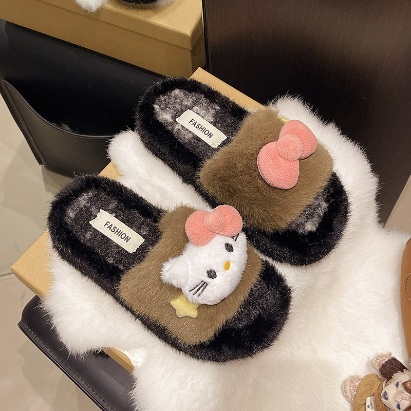 Coreana encantadora zapatillas de peluche de dibujos animados mujeres invierno / otoño gatos arco zapatillas caseras zapatillas de peluche caliente antideslizante