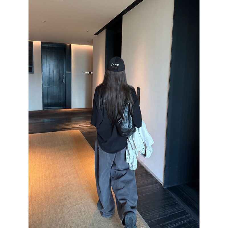 小个子美式复古灰色宽松显瘦高腰阔腿裤休闲裤香蕉牛仔裤女长裤潮|undefined