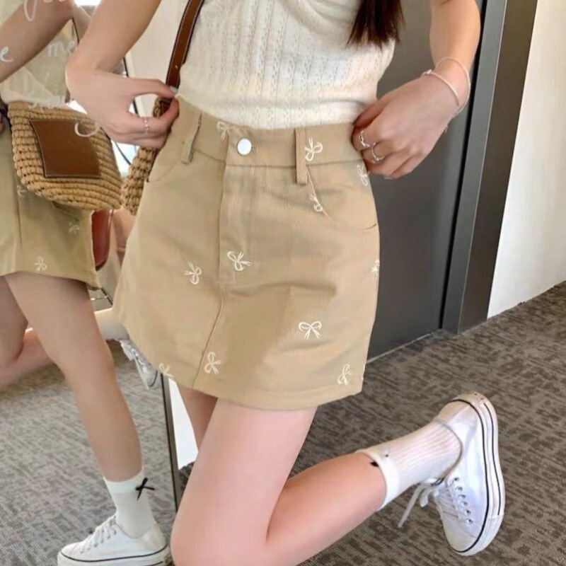 khaki Bow Embroidered Denim Skirt Women's Summer New High Waist Slimming Sweet A- line Skirt Anti-slip Short Skirt