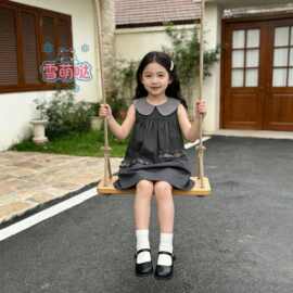 雪萌哒2026夏季深灰撞色女童娃娃领连衣裙 无袖木耳边A字裙95棉