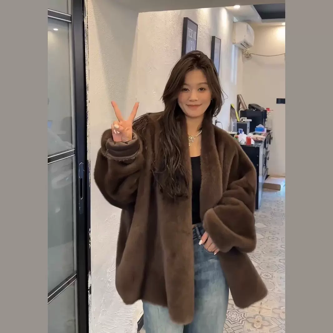 冬日时髦柔软毛感短款环保皮草外套金貂绒仿水貂宽松韩系毛毛外套