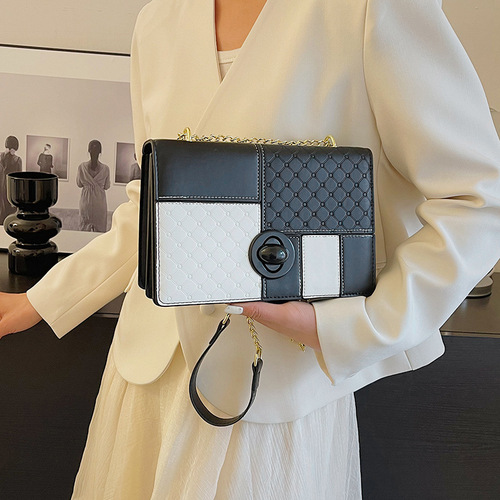 Stitching contrasting color chain bag 2024 spring new chain bag personalized embossed shoulder bag retro ladies crossbody bag