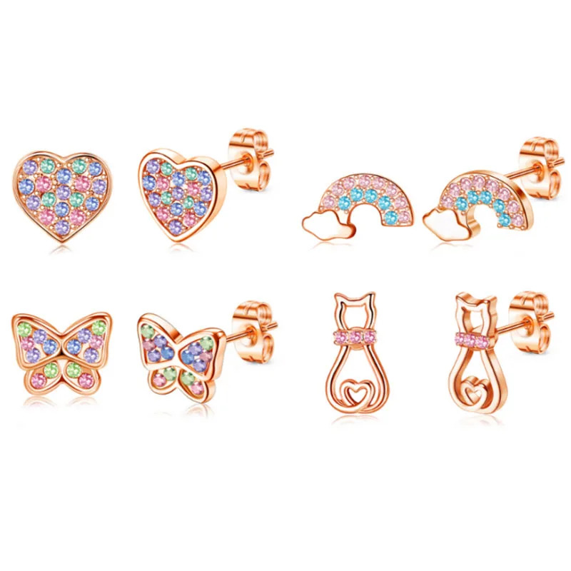 Rose Gold Color Diamond Heart Butterfly Rainbow Cat Earrings Cross-Border Fashion Personalized Earring Set_voghion.com