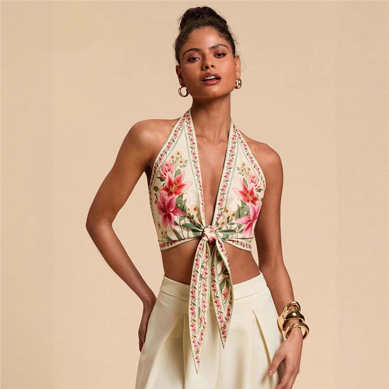 Cross-Border Foreign Trade Women's Clothing in Stock 2025 European and American Summer Hot Girl Casual Backless Printed Suspender Beautiful Back Design