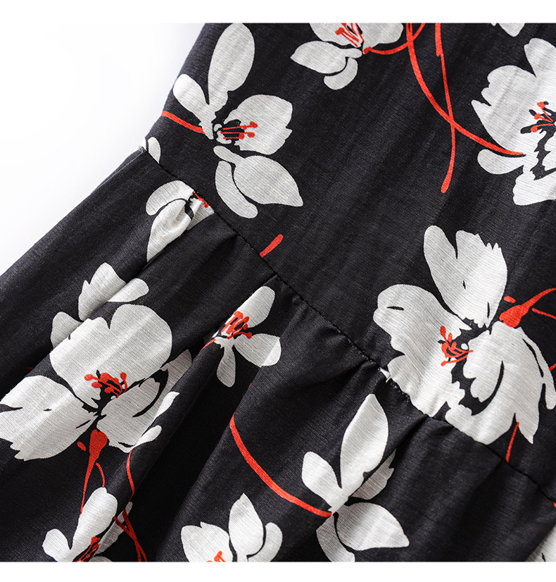 Váy maxi nữ tay ngắn thắt lưng chất liệu Tencel linen in họa tiết — Màu đen chi tiết 18
