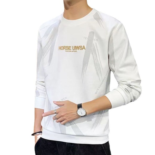 New men's spring and autumn versatile long-sleeved t-shirt crew neck casual base shirt loose printed fashion top