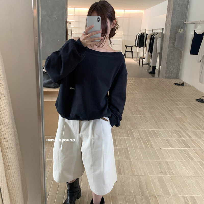 I MISS字母刺绣露肩卫衣女2025秋季设计感别致宽松显瘦休闲上衣|undefined