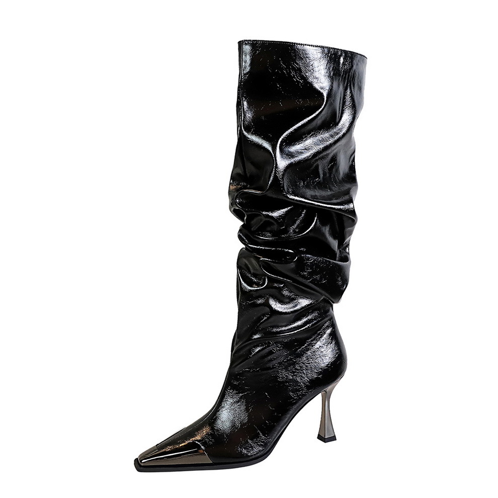 Women's Pleated Over The Knee Boots With Thin Heel And Steel Toe_voghion.com