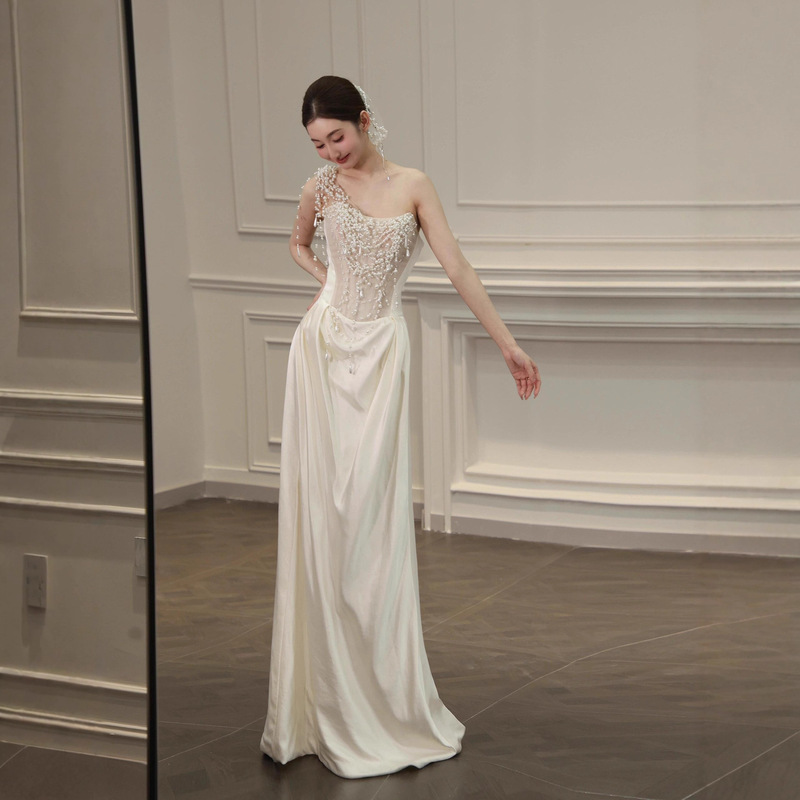 French-Style Light Wedding Dress with Pearls, Morning Robe for Welcoming Guests, Engagement Gown, Mermaid Niche Banquet Evening Dress