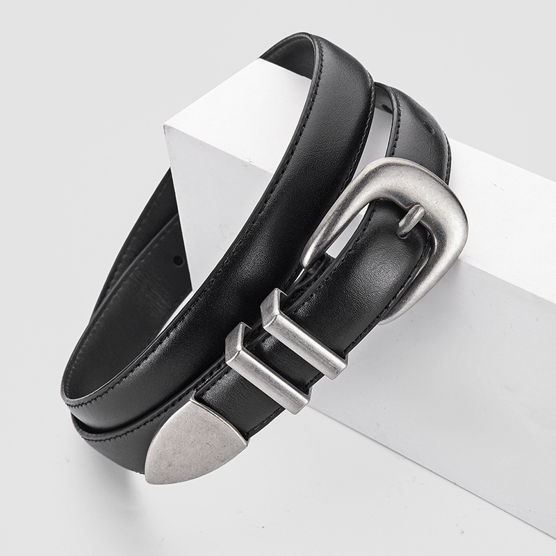 Genuine Leather Belt for Women, Versatile Decorative Horseshoe Buckle, Slimming, Suitable for Jeans, Cowhide Belt, Trendy Korean Style, Black