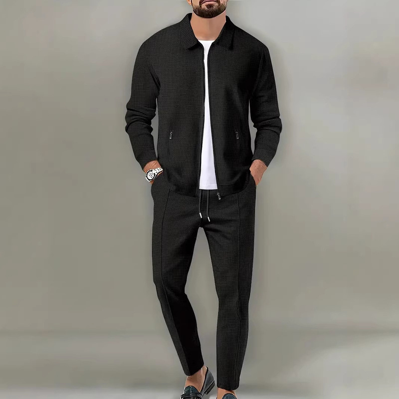 Cross-Border Business Casual Men's Jacket, Youth Waffle Zipper Pocket Lapel Slim-Fit Cardigan Set