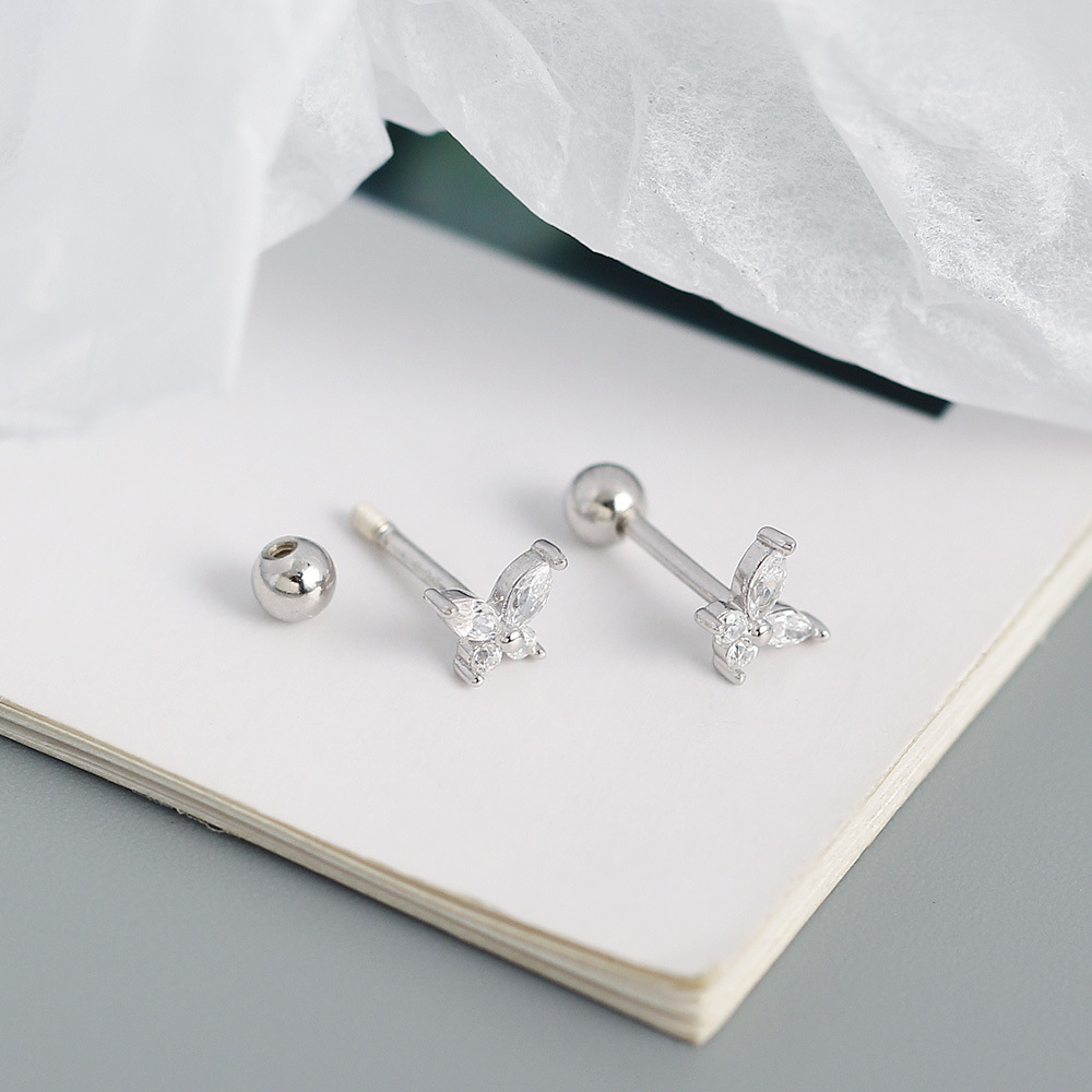 s925 silver butterfly zircon screw thread ear stud female