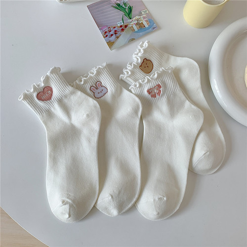 Socks for women summer thin ear-rimmed white socks women's mid-calf socks ins trendy pure-cotton jk girls short socks