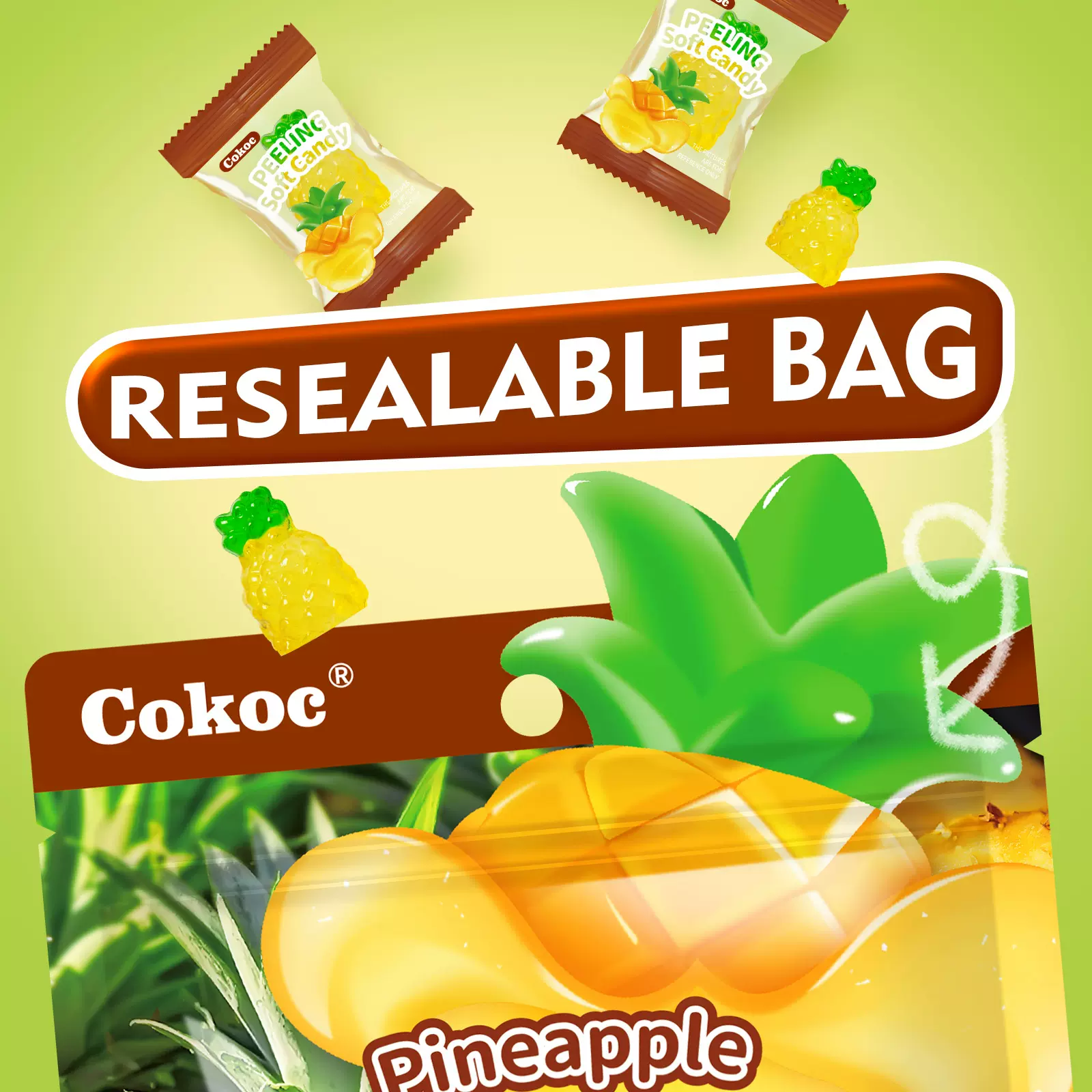 跨境爆款凤梨夹心剥皮果汁软糖水果爆浆Fruit juice gummies工厂