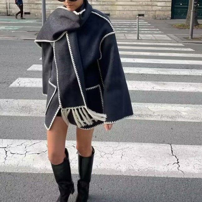 Abbigliamento donna autunno piccolo profumo stile contrasto colore temperamento casual con sciarpa cappotto giacca di lana bifacciale_voghion.com