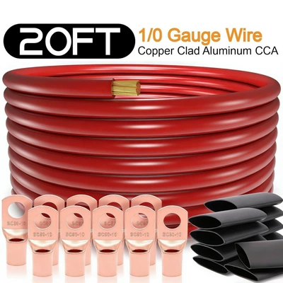 1/0 Gauge Copper-Clad Aluminum Cable Cca Automotive Wire with Terminal Connector Amplifier Wiring Kit for Vehicle Use (Power supply, ignition system accessories) - 10awg-red-20ft