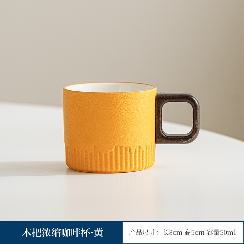 Mango de madera taza de café té taza de té gradiente esmalte exquisita cerámica pequeña taza de regalo caja de regalo traje al por mayor