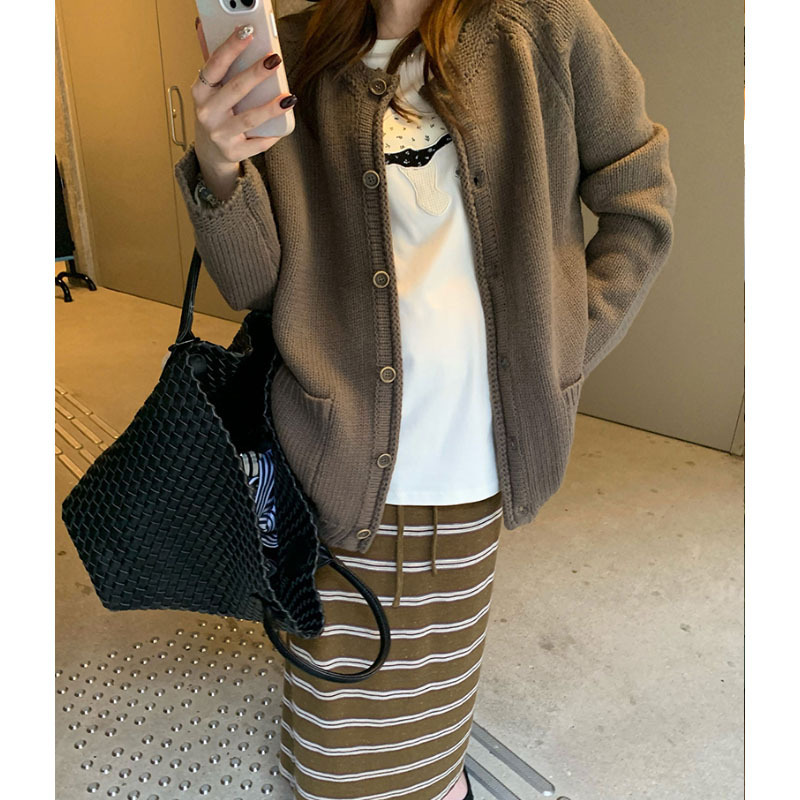 白巧布朗尼~混纺粗针中长款针织开衫宽松慵懒感毛衣外套2025秋季|undefined